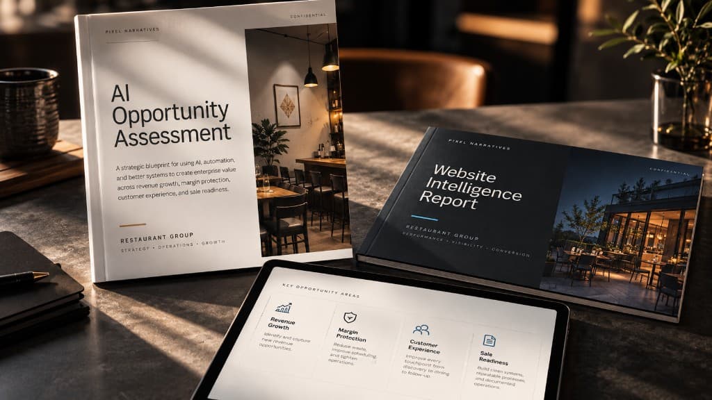 Conceptual reconstruction of Pixel Narratives assessment materials for a restaurant group, including a printed report, a website audit, and a tablet of near-term opportunities.