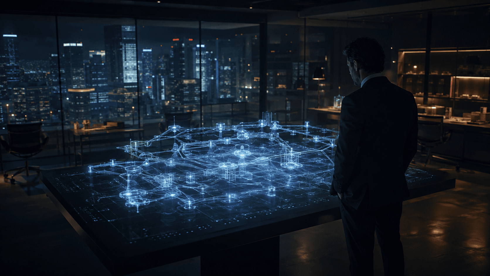 Analyst reviewing a website map against a city skyline at night